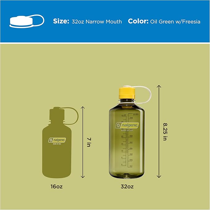 Nalgene 32 oz Narrow Mouth Water Bottle | BPA-Free, Durable & Leak Proof, Lightweight for Hiking & Gym – Thrill & Motion, Oil Green w/Freesia