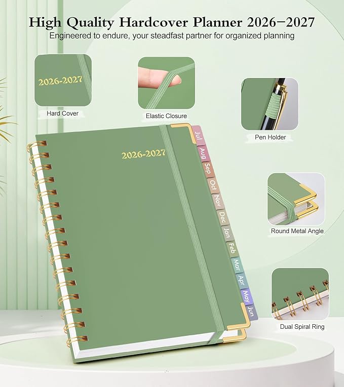 Academic Planner 2026-2027, Hardcover Weekly and Monthly Calendar Planner from July 2026 - June 2027, Daily Agenda Planners with Tabs, College School Organizer for Student Teacher, A4 (8.5" x 11"), Green