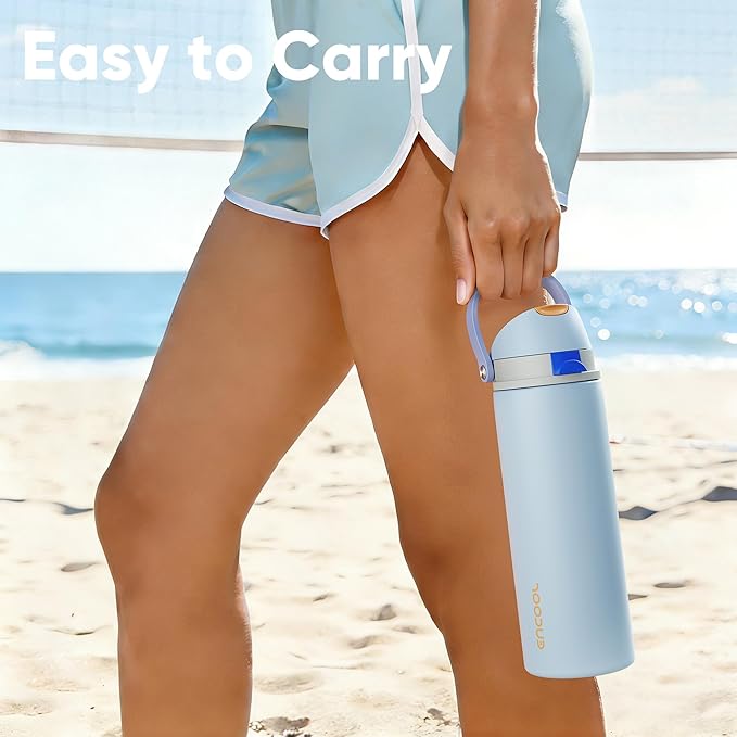 ENCOOL Insulated Water Bottle with Straw Stainless Steel Water Bottle with Push Button Lid, Leak-Proof & BPA-Free, Keeps Cold for 24 Hours for Sports, Travel, Gym (32 oz, Hazy Blue-Blue)