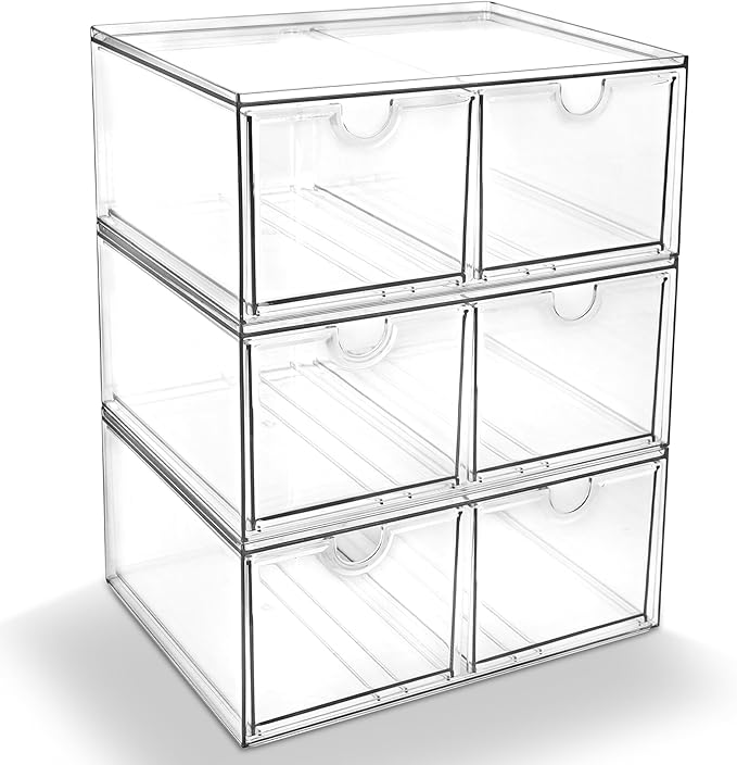 Prsildan Stackable Clear Makeup Organizer, 3 Pack Acrylic Storage Drawers with 6 Drawers for Vanity Bathroom Office Desk Modular Drawer System for Cosmetics Jewelry Toiletries Home Organization
