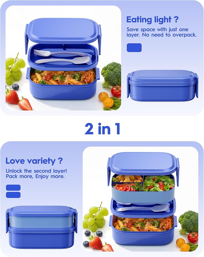 BiuLeon Bento Box Adult Lunch Box, 65 Oz Capacity Lunch Containers(Adjustable 2/3 Tier), BPA-Free, Leak-Proof and Stackable Bento Lunch Box, Microwave & Dishwasher Safe with Utensils(Blue)
