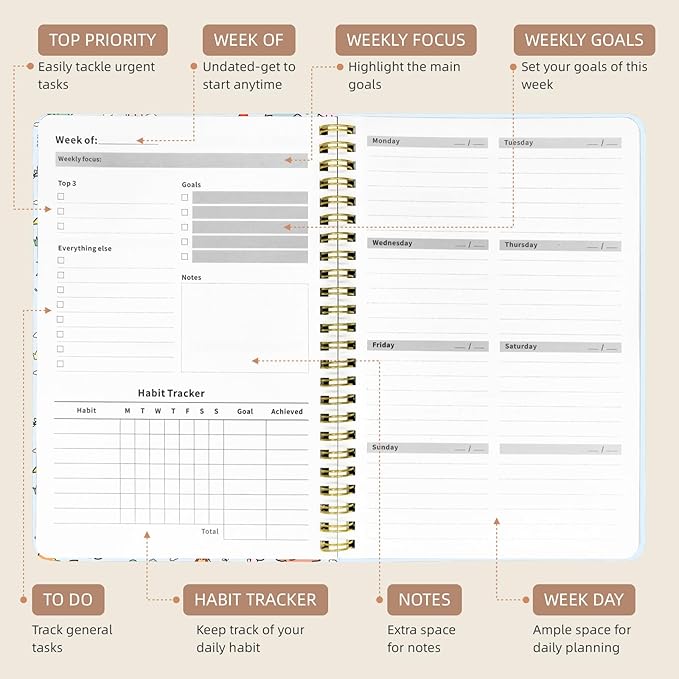 Weekly Planner Undated - 52 Weeks To Do List Notebook A5 for Work: Weekly Task, Habit Tracker Journal, Goal Setting, Agenda Sprial Bound Organizer Book for Women Cute Stylish Design, Dino