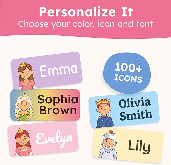 Personalized Name Labels for Kids (210 Labels) - Durable & Waterproof Custom Name Stickers for Clothing Tags, School Supplies, Camp & Daycare - Prince & Princess (1.2”x0.5”)