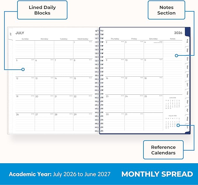 Blue Sky 2026-2027 Monthly Academic Year Planner Calendar, July 2026 - June 2027, 8" x 10", Monthly Layout, Flexible Cover, Laminated Tabs, Wirebound, Chanson