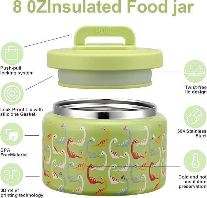 JXXM 8 Oz Thermo Food Jar for Hot & Cold Food for Kids, Insulated Lunch Containers Hot Food Jar,Leak-Proof Vacuum Stainless Steel Wide Mouth Lunch Soup Thermo for School (Green-Colorful Dinosaur)