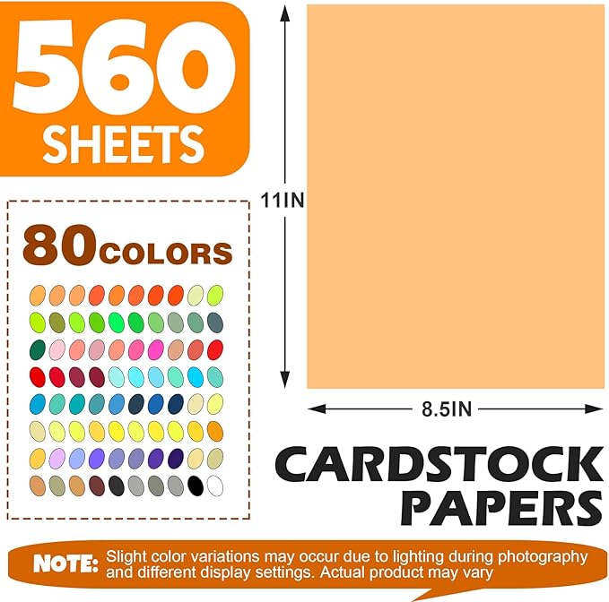 560 Sheets 8.5" X 11" Colored Cardstock, 80 Assorted Colors 180 GSM/65 LB Construction Paper Card Stock Printer Paper for Printing, Card Making, DIY Crafts, Kids School Supplies,Party Decorations