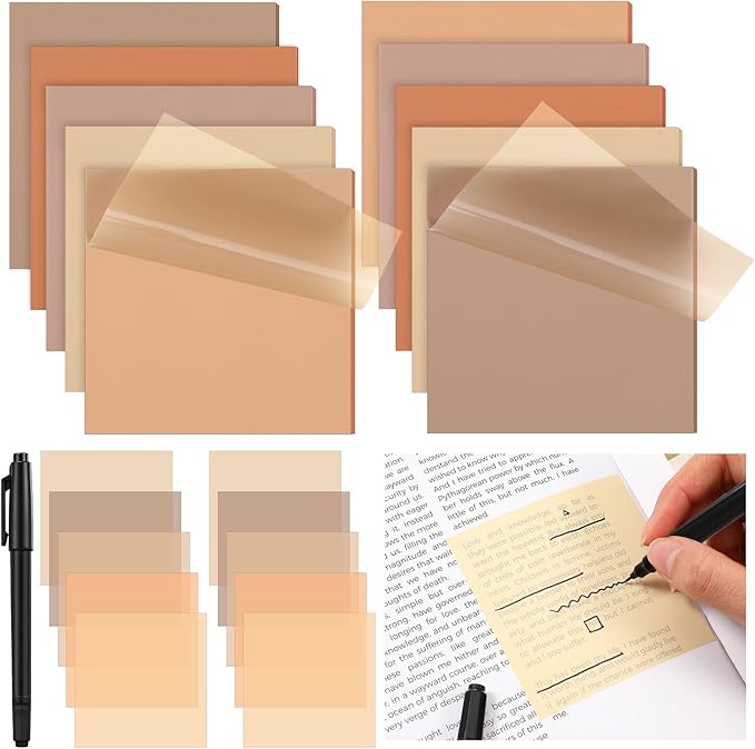 Marspark 500 Sheets Transparent Sticky Notes with Marker, 3x3 Inch See Through Sticky Notes, Self-Adhesive Translucent Clear Note Pads for Bible Journaling Memo Office School Supplies(Brown)