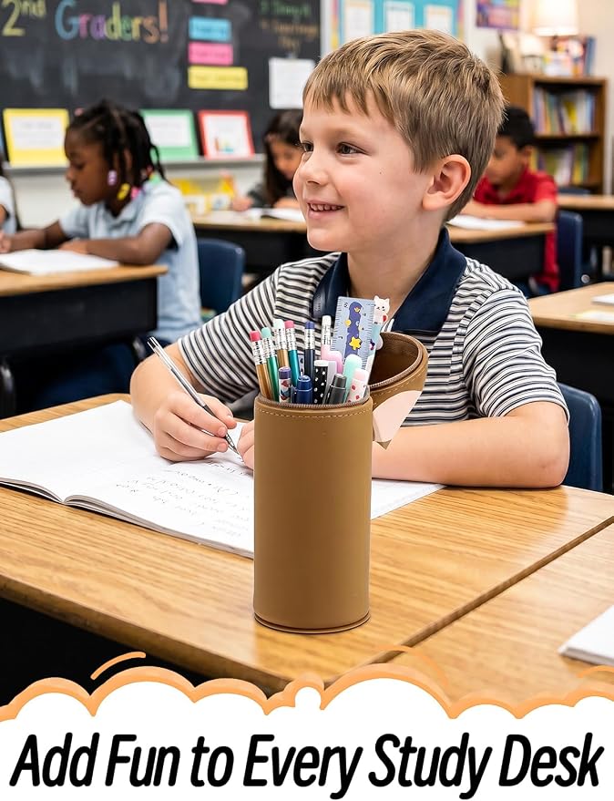 PAMASE Standing 2-in-1 Pencil Case & Pen Holder for Girls Boys, Brown | Cute Soft Silicone Pencil Pouch Bag, with Zipper and Pull-Out Base, for Kids School Supplies