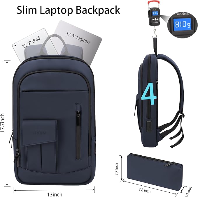 Business Backpack for Men Slim Lightweight Laptop Backpack for 17.3 Inch Computer Water Resistant Small Office Backpack for Commute Travel Daily Office Work with Small Bag (Blue, 17.3")