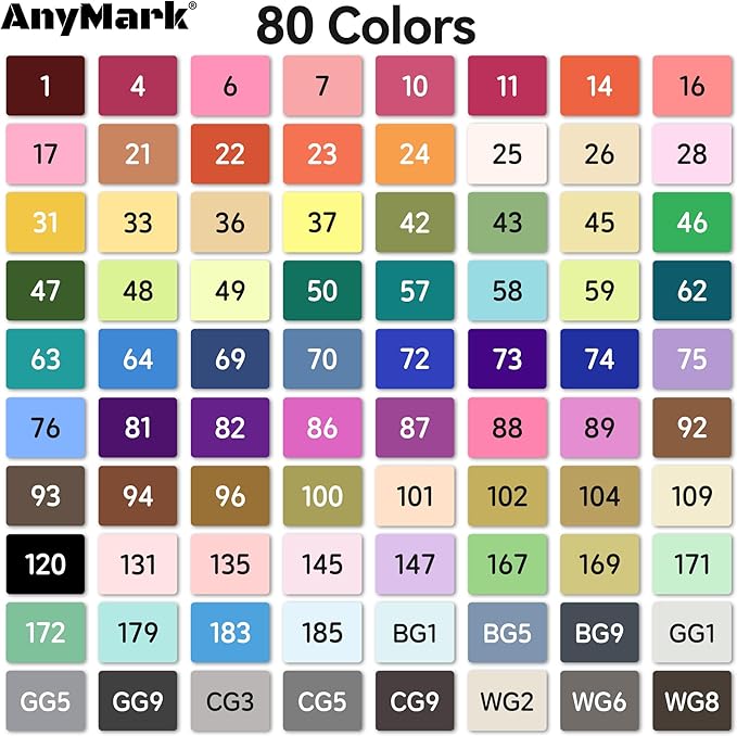 AnyMark Alcohol Markers, 80 Colors Dual Tip Art Coloring Markers Set for Adult Book Drawing Sketching Painting, Chisel & Fine, White Penholder