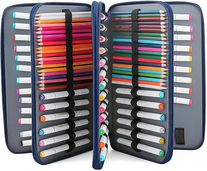 Vomgomfom 300 Slots Marker Bag, 4-Layer Zipper Portable Art Supply Organizer, PU Leather Large Capacity Marker Case Holds 100 Markers or 300 Colored Pencils with Handle (Blue Rose)