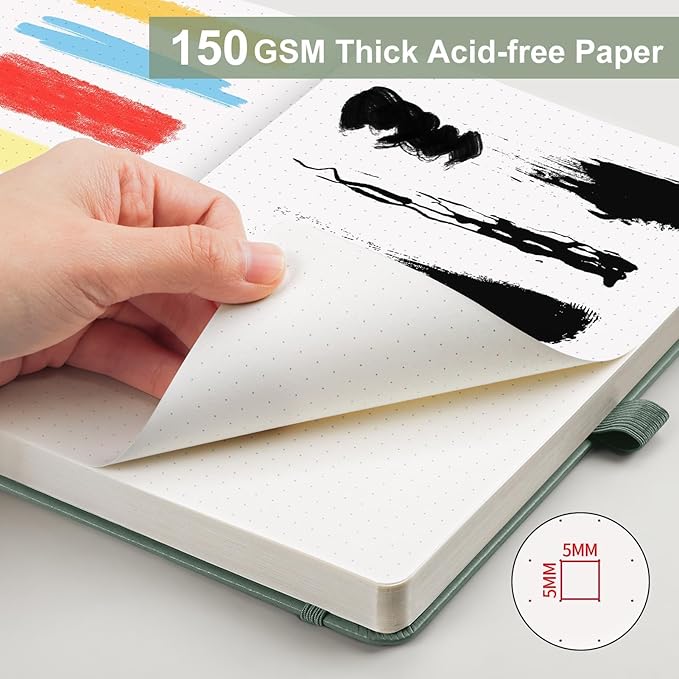 AHGXG Dotted Journal - 150 GSM Dot Grid Notebook Journal, Thick Acid-Free Paper, A5 Dotted Notebook 128 Pages, Leather Hardcover, Inner Pocket, Journal Stencil, 5.7'' × 8.3'', Sage Green