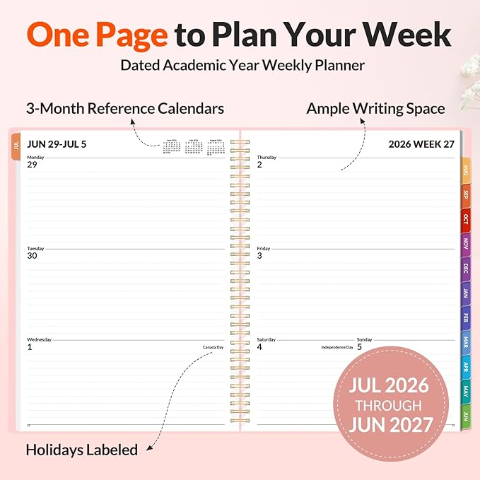 SUNEE Academic Planner 2026-2027 – Weekly & Monthly Planner, July 2026 to June 2027, 8.5"x11", Thick Paper, Tabs, Pockets, Bookmark, Spiral-Bound, Student Teacher Organizer, Pink