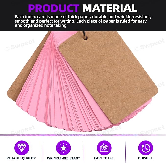 Swpeet 300 Sheets 2.1 x 3.5 Inch Colored Index Cards with Binding Rings, Notecards Index Cards, 6 Colors Easy Flip Flash Card Blank for School Learning Memory Recipe Cards Game Card