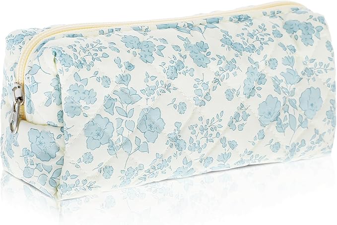 Cute Pencil Case, Aesthetic Flowers Pencil Pouch, Portable Pen Bag Wide Opening, Soft Quilted Pencil Pouch Organizer with Zipper for Office College Storage Makeup Pouch, Blue Flowers