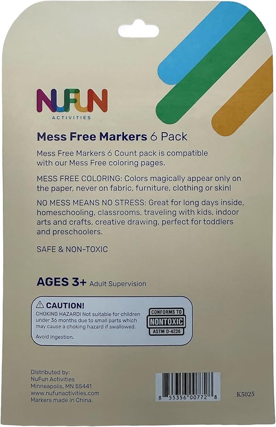 NuFun Activities Mess Free Markers - Create No Mess Wonders with Special Coloring Markers for Kids and Toddlers, created to work only on Mess Free paper (6 count)