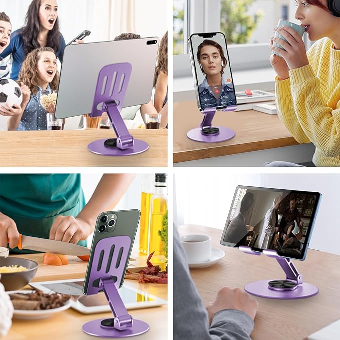 Universal Metal Cell Phone Stand, Multi-Angel Adjustable 360° Rotation Non-Slip Metal Phone Stand Compatible with iPhone 17 16 Pro Max and All Smartphones (Purple&Purple)