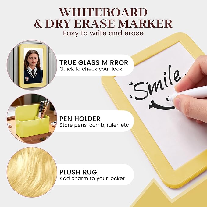 Elfcool 13 Pcs Locker Accessories Kit, Locker Decorations for Girls Boys Magnetic Pen Holder, Mirror, Whiteboard, Wallpaper, Magnets, Plush Rug, String Light, Back to School Essentials (Yellow)