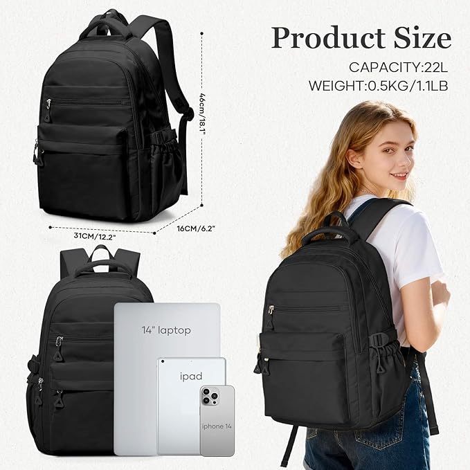 Black Backpack for College Students Women Men, Aesthetic Backpacks for Middle School, Waterproof Bookbag, Lightweight High School Backpack for Teens Boys Girls