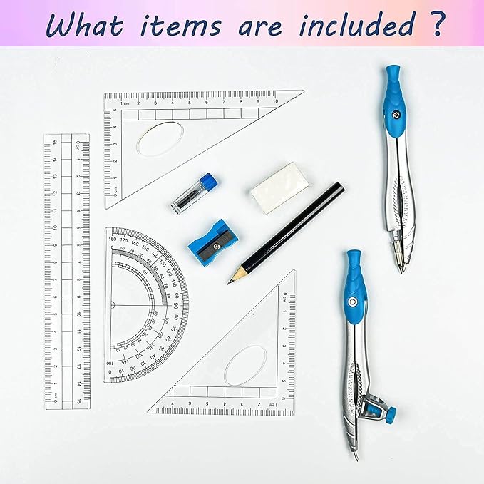Geometry Set,10 Pcs Protractor and Compass Set, Math and Ruler Set for Students, Class Supplies, and School - Essential Compass Geometry Tools for Precision and Quality (Blue)