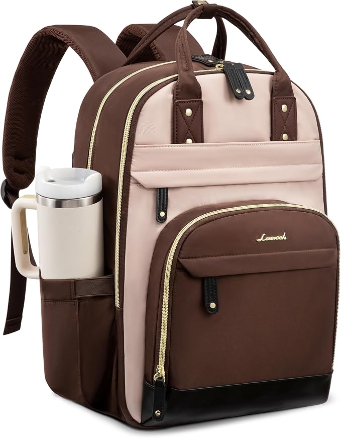 LOVEVOOK Laptop Backpack Women with Giant Cup Holder,15.6 inch Waterproof Work Travel Backpack Computer Laptop Bag,Cute College Nurse Teacher Backpack Purse,Gift for Women & Men,Coffee-Milk tea-Coffee
