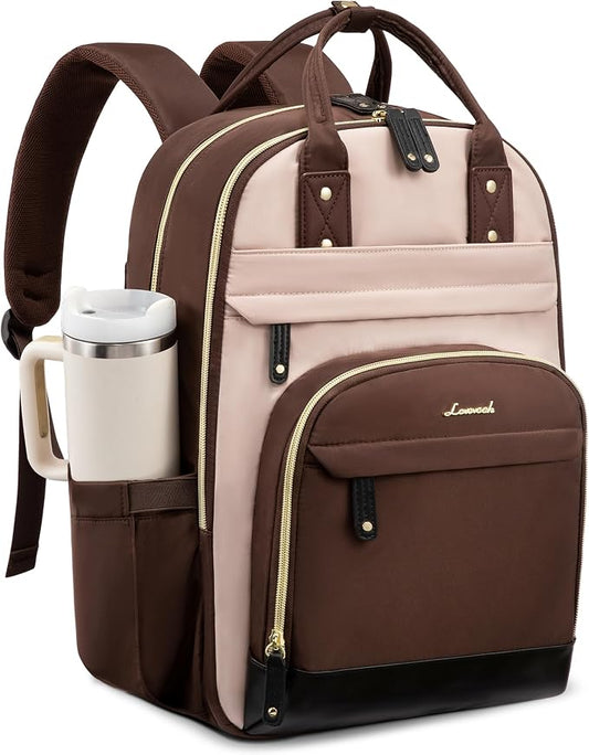 LOVEVOOK Laptop Backpack Women with Giant Cup Holder,17.3 inch Waterproof Work Travel Backpack Computer Laptop Bag,Cute College Nurse Teacher Backpack Purse,Gift for Women & Men,Coffee-Milk tea-Coffee