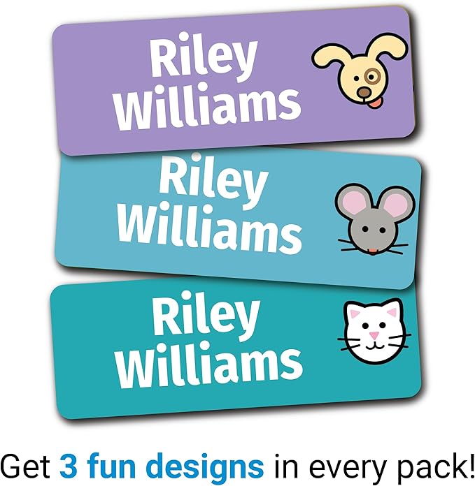 Kids Personalized Name Labels for School, Camp, Daycare (128 Labels) Custom Peel and Stick Waterproof Name Tags Stickers for Water Bottles, Lunch Boxes, Clothing, School Supplies (Pets)