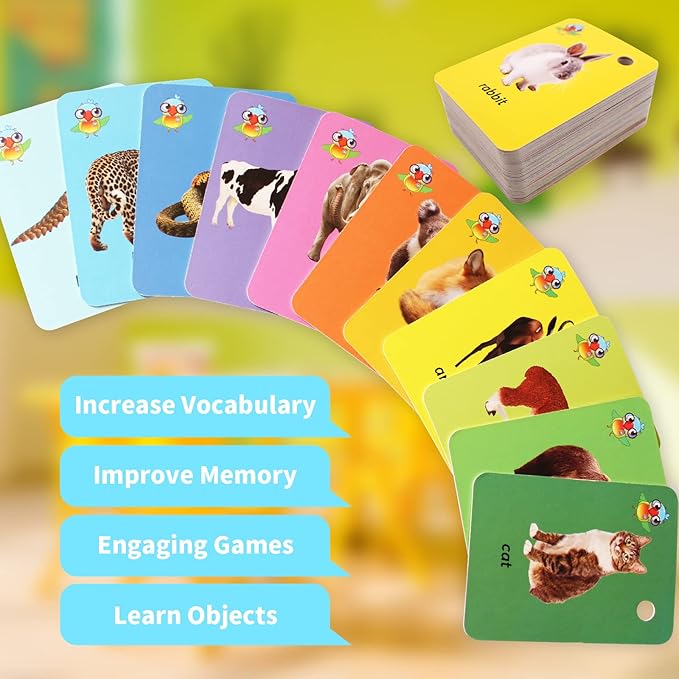 52 Pcs Toddler Land Animals Flash Cards Gift for Kids Wild Forest Animals Flash Cards Sight Words with Pictures Preschool Flash Cards with Ring (Land Animals)