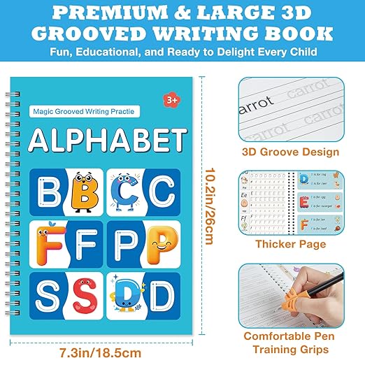 Magic Grooved Writing Practice Book for Kids Ages 3–8, 6 Reusable Handwriting Practice Books with 6 Pens, 12 Refills, 3 Soft Grips, Preschool Learning Activities Gifts for Boys and Girls
