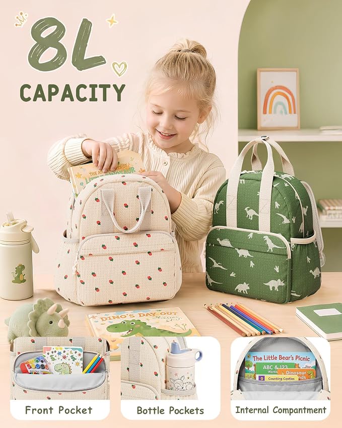 Corduroy Toddler Backpack for Preschool Boys Girls Ages 2-4 | 12 Inch Water-Resistant Small Kids Backpack for School & Travel, Lightweight Daycare Bookbag(Medium,Purple Floral)