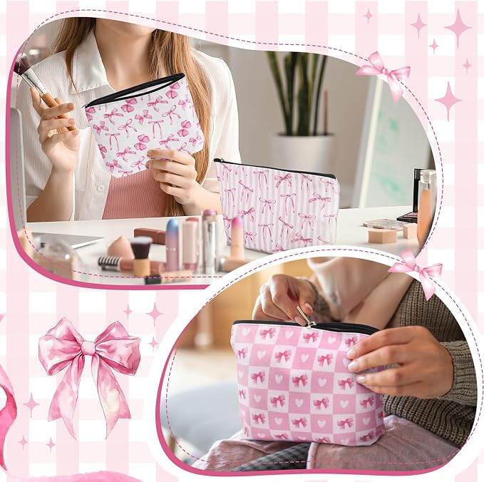 Reginary 12 Pcs Pink Bow Makeup Bags Coquette Bow Cosmetic Bags with Zippers Coquette Party Favors Pink Aesthetic Elegant Pouch Bulk Gifts for Women Mother's Day Birthday Supplies Travel Accessory