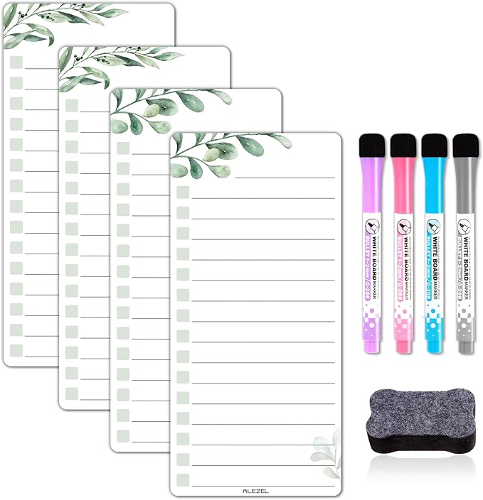 ALEZEL Dry Erase List Board for Fridge Magnetic, Refrigerator to Do List White Board Set - 4 Pcs Greenery Dry Erase Grocery List Whiteboards, 4 Markers + Eraser