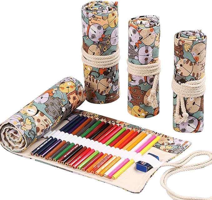 DIYOMR 24/36/72 Slots Pencil Wrap Pencil Rolls, Artist Colored Pencils Roll Up Bag Short Brushes Pouch Case Pencils Organizer for Drawing Coloring and Sketching, NO PENCILS (Cuddly Cat, 72slots)