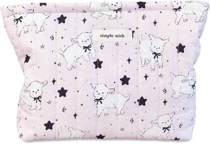 STARDW Cute Cotton Quilted Makeup Bag Cosmetic Bags for Women and Girls | Soft Quilted Makeup Pouch with Zipper, Large Capacity Travel Toiletry Bag, Aesthetic Purse Organizer Pouches, Canvas Lining