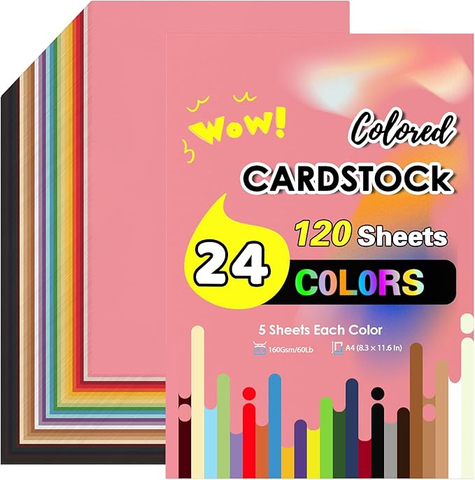 Colored Cardstock Paper 120 Sheets, 160 Gsm 60 Lb Card Stock 24 Colors Assorted, Colored Construction Paper Thick for Printing Cutting DIY A4 1 pack