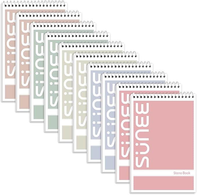 SUNEE Steno Pads 6x9 5 Pack, Gregg Rule, 60 Sheets, White Paper, Take Notes with Top Spiral Notebook, for School, University, College, Work, Office, Classic Color