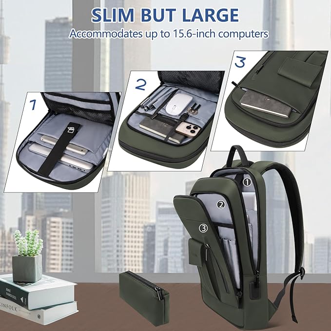 Business Backpack for Men Slim Lightweight Laptop Backpack Water Resistant Small Office Backpack for Commute Travel Daily Office Work with Small Bag (Green, 15.6")