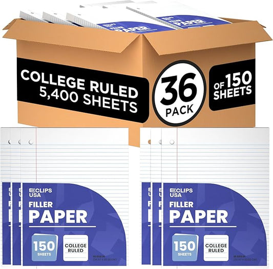Loose Leaf Paper College Ruled Notebook Paper College Ruled Lined Writing Filler Paper 10.5” x 8” 5400 Sheets 150 Sheets Per Pack 60 gsm (36 Pack)