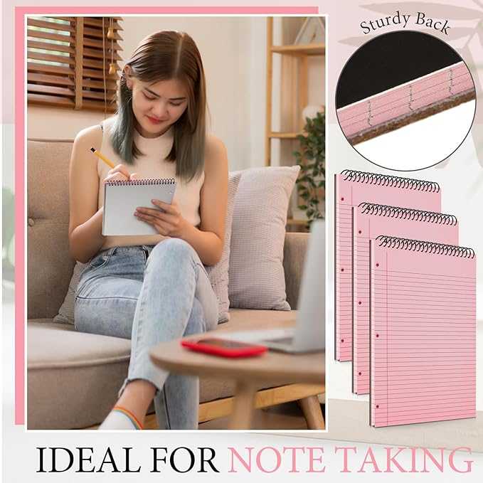 MotiMind 3 Pack 8.5" x 11" Top Spiral Notebook with 3 Hole Punched Pink Legal Pads College Ruled Notepad 50 Sheets Hard Cardboard Paper Wirebound Notepad for Office School Business