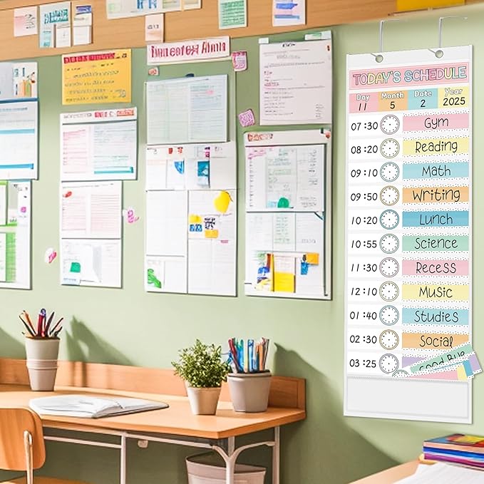 JarThenaAMCS Pastel Daily Schedule Pocket Chart 13 x 35.5 In Colorful 13 + 1 Pocket Visual Schedule Chart Board with 24 Card for Classroom Home Office Supplies