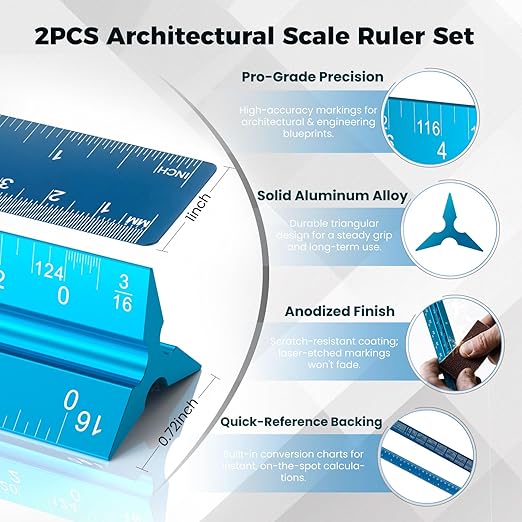 Rena Chris 2PCS Architectural Scale Ruler: 12" Imperial Aluminum Triangular Scale Ruler, Laser-Etched Architecture Ruler, Drafting & Architect Ruler for Architects, Students, Draftsman(Blue)