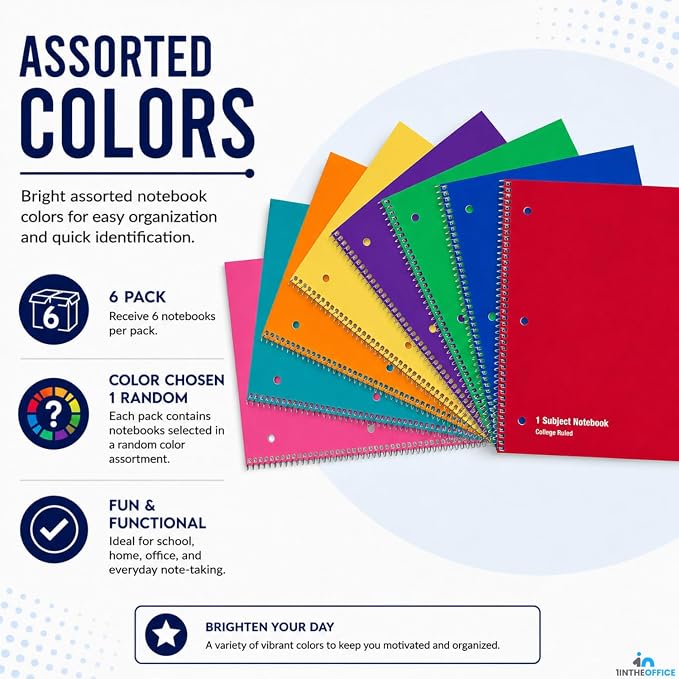 1InTheOffice Spiral Notebook College Ruled, 1-Subject Notebooks, Wirebound Spiral Notebook 8" x 10.5", 70 Sheets, Assorted Colors (6 Pack)