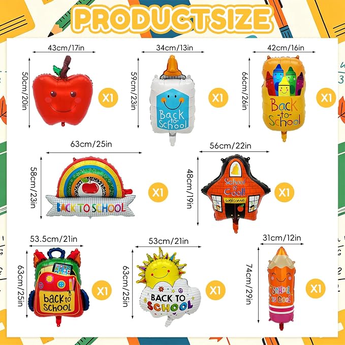 8PCS Back to School Balloons Set, Apple School Backpack Pencil Rainbow Crayon Correction Fluid Bottle Sun Balloons, Classroom Decorations for First Day of School Welcome Party Supplies