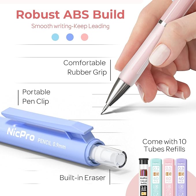 Nicpro 38PCS Aesthetic School Supplies, Pastel Mechanical Pencil Set | 0.5, 0.7, 0.9 & 2.0 mm Pencils with 564PCS Lead Refills, Cute Mechanical Pencils, for Girls Student Stationary - Pink Case