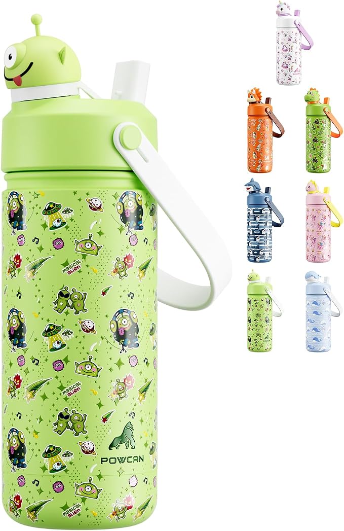 POWCAN 18 oz Insulated Water Bottle for School: 2-in-1 Straw Spout Lid with Soft Animal Head, BPA-Free, Leakproof, Keep Cold 24H, Easy Carry, Stainless Steel Cup for Boys, Girls, Kids (Alien Party)