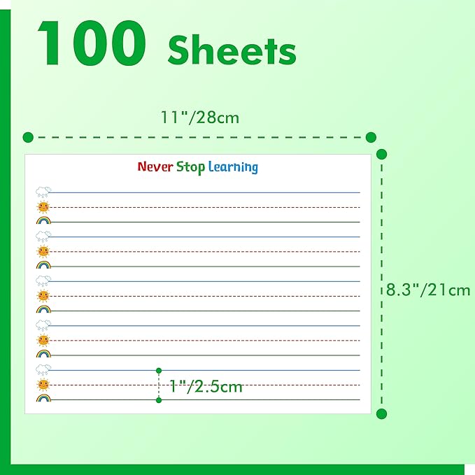 100 Sheets Ruled Writing Paper, Double-Sided Printing Skip-A-Line Ruled Writing Paper with Dotted Lines Handwriting Practice Paper 1” line spacing for Kindergarten Toddlers Kids (11” x 8.3”)