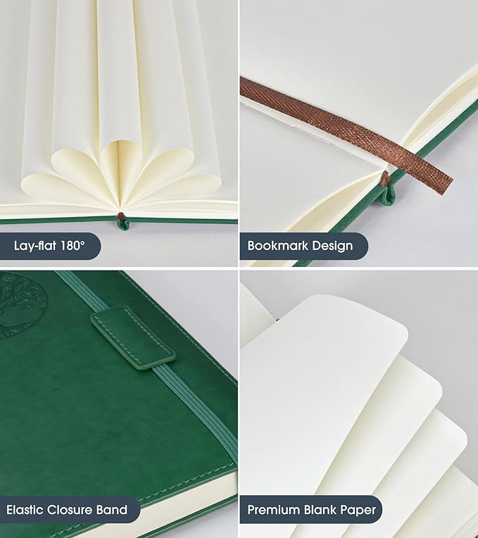 Biuwory Blank Journal Notebook for Women Men, Hardcover Leather Sketchbook 5.7"×8.3", 140 Pages Unlined Sketch book for Drawing, Writing, Travel, School & Work, Journaling Notebooks (Green)