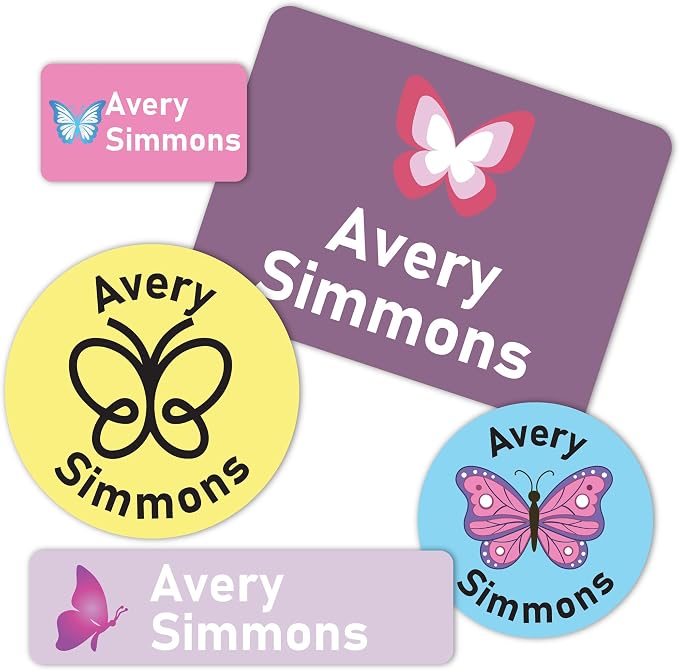 Personalized Daycare Stickers Name Labels for Kids - Custom Waterproof Name Stickers for Water Bottles, Lunch Boxes School Supplies, Clothing Tags, 30+ Designs, Butterfly