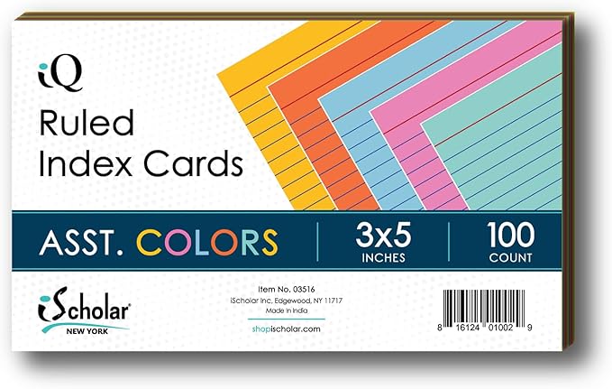 iScholar Index Cards, Ruled, Colored, 3 x 5 Inches, 100 Card Pack (03516)