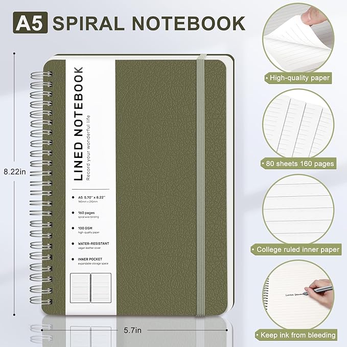 ABERLLS Lined Spiral Journal Notebook with 160 Pages, 8×5.7in, A5 Spiral Notebook, Journaling Notebooks for Work, School, Women, Men, College Ruled Spiral Notebook, Hardcover Leather Journals, Green